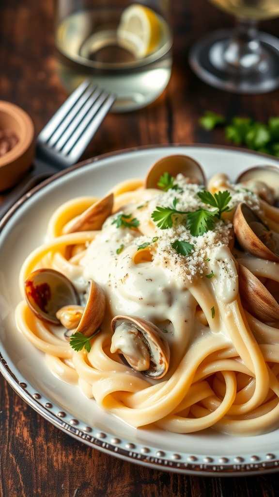 Fettuccine clam alfredo pasta garnished with parsley and Parmesan on a rustic table.